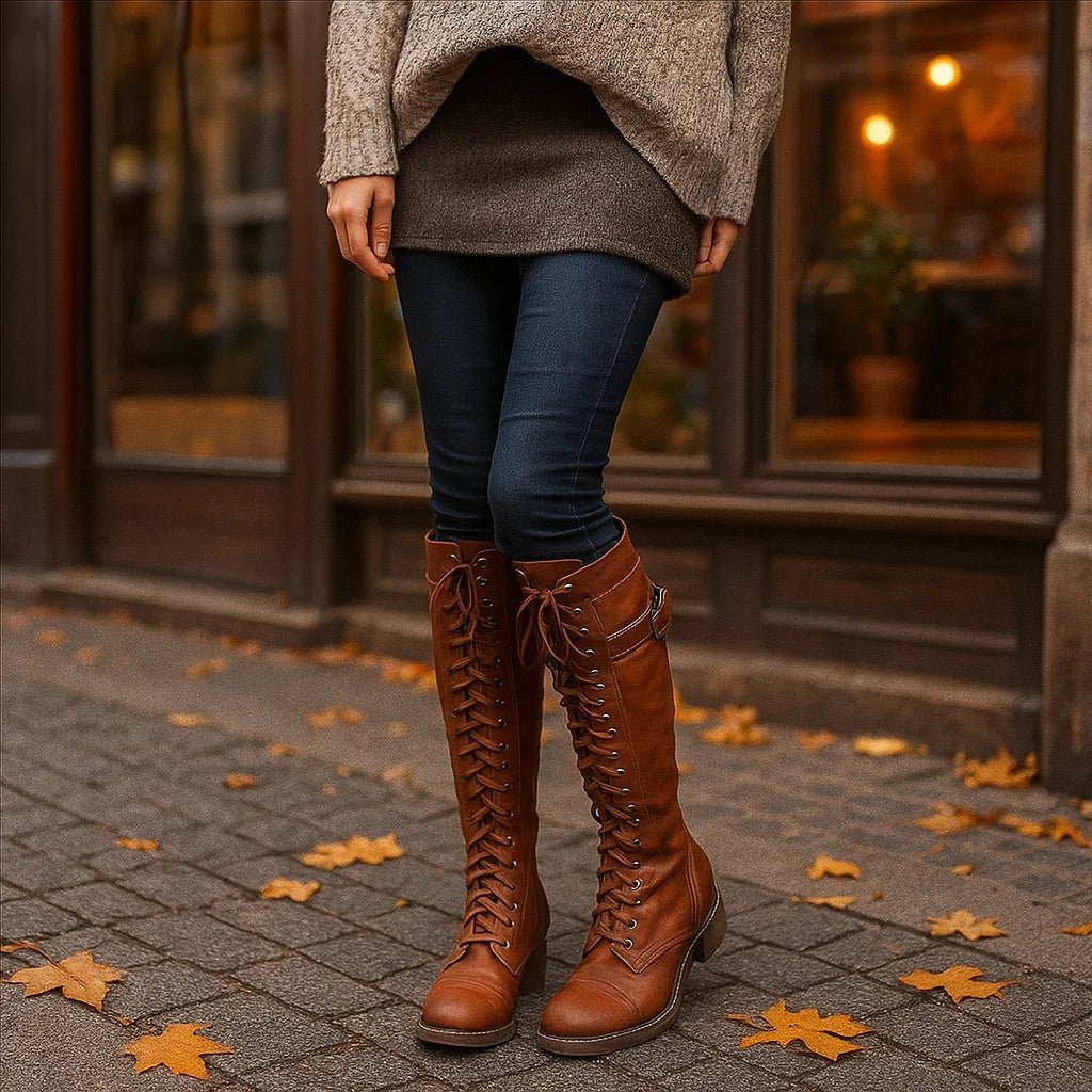 Women's Knee Boots - Natural Leather - Lace-Up