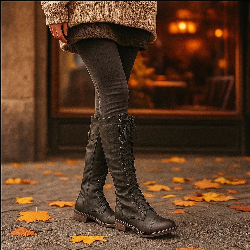 Women's Knee Boots - Natural Leather - Lace-Up