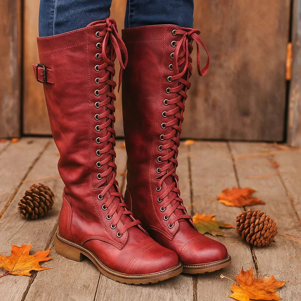 Women's Knee Boots - Natural Leather - Lace-Up