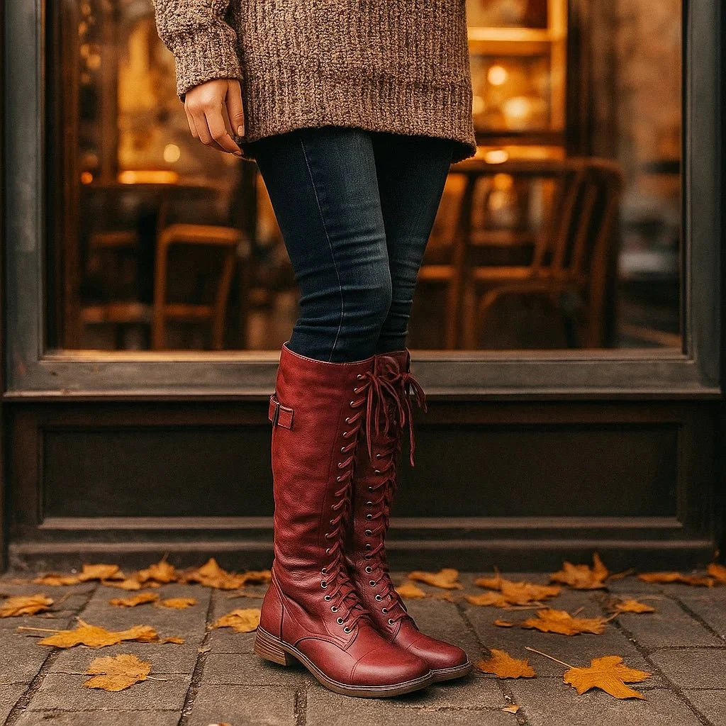 Women's Knee Boots - Natural Leather - Lace-Up