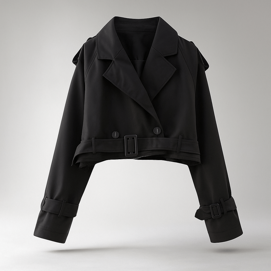 Women's Cropped Trench Coat - Straight Silhouette - Double Buttons - Belted Sleeves