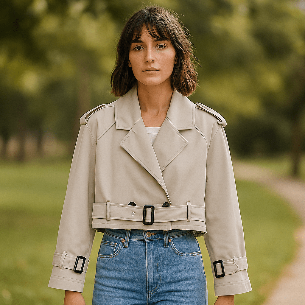 Women's Cropped Trench Coat - Straight Silhouette - Double Buttons - Belted Sleeves