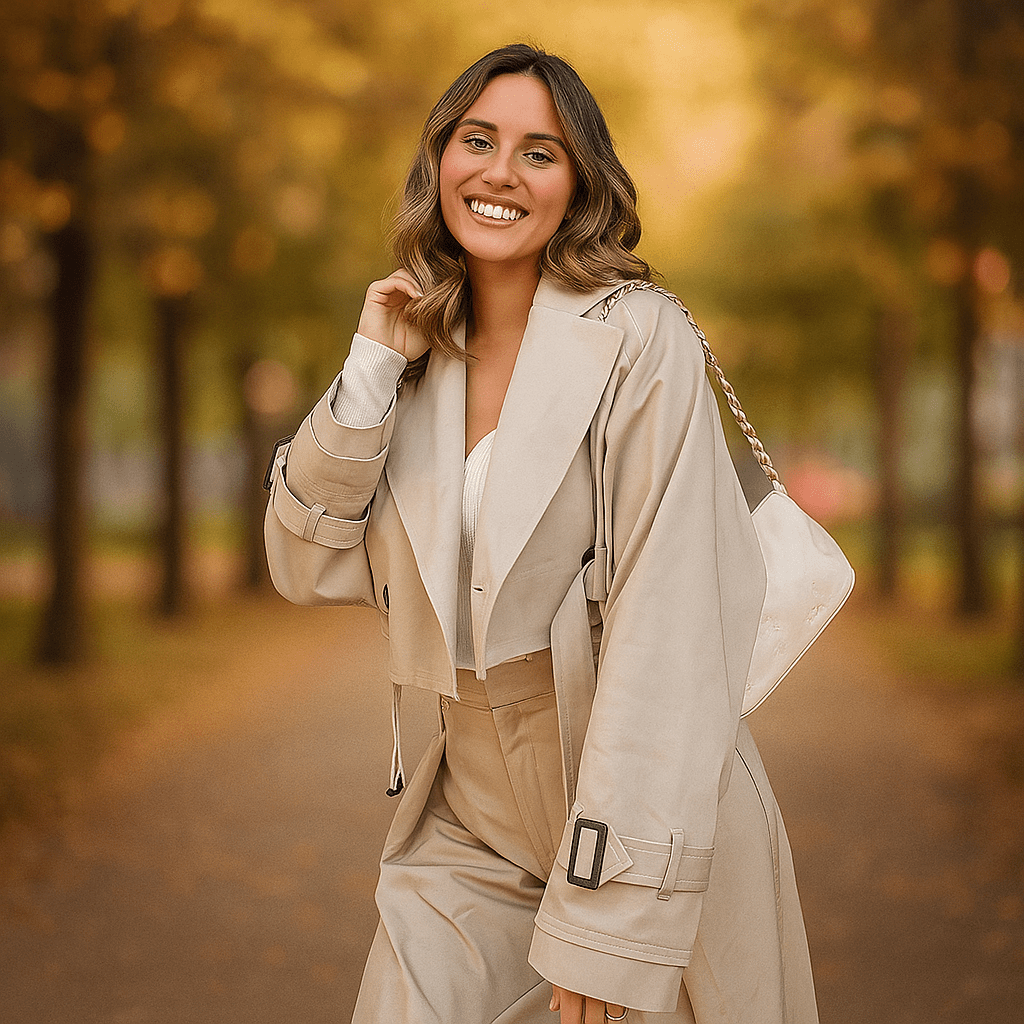 Women's Cropped Trench Coat - Straight Silhouette - Double Buttons - Belted Sleeves