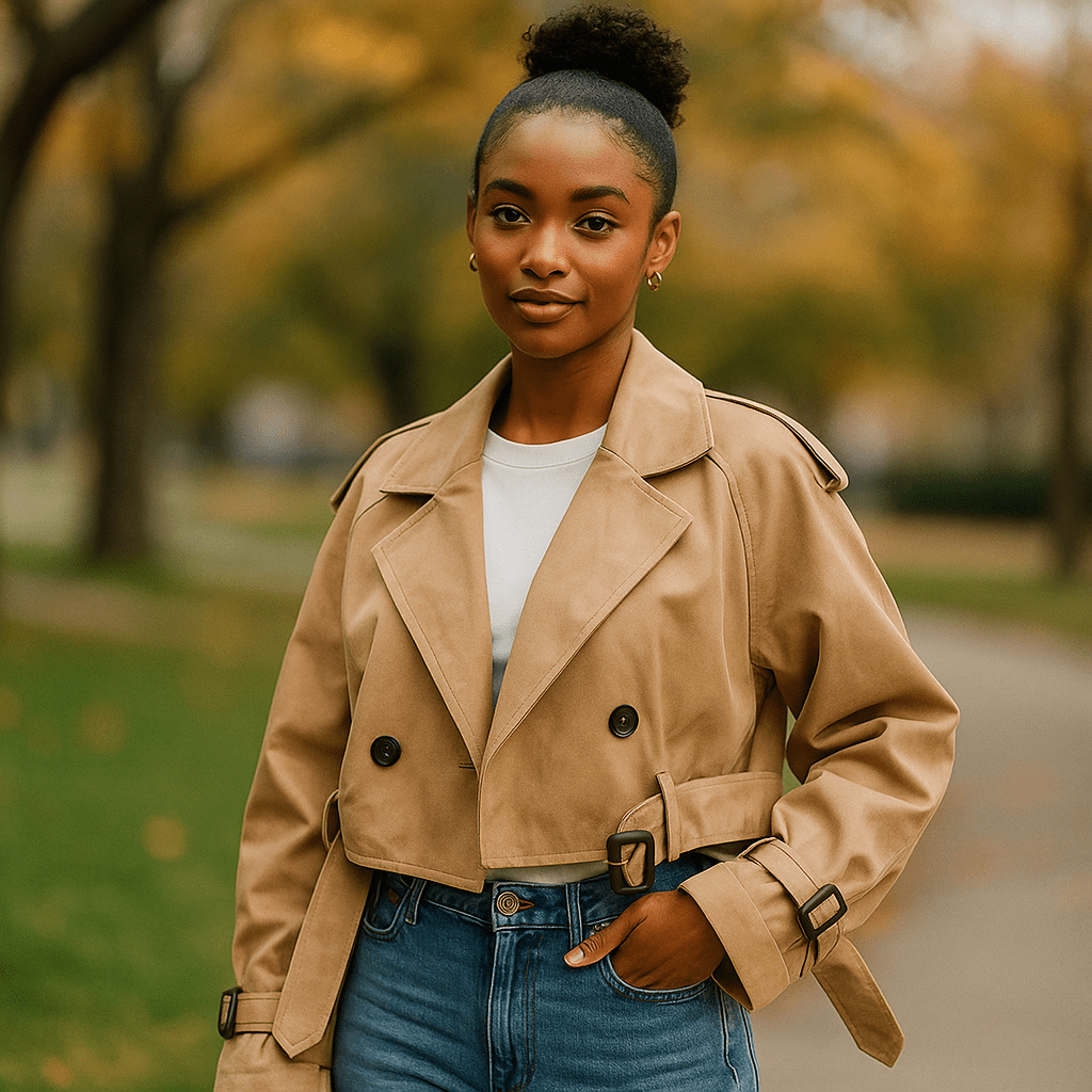 Women's Cropped Trench Coat - Straight Silhouette - Double Buttons - Belted Sleeves
