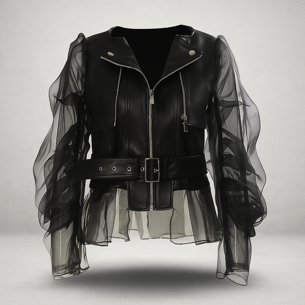 Women's Jacket Faux Leather - Sheer Ruched Sleeves - Belt - Zip Fastening