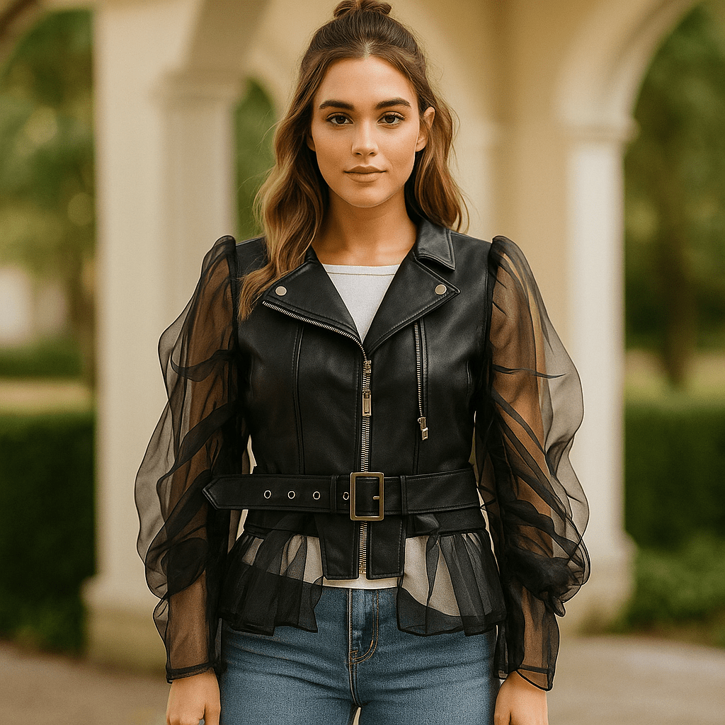 Women's Jacket Faux Leather - Sheer Ruched Sleeves - Belt - Zip Fastening