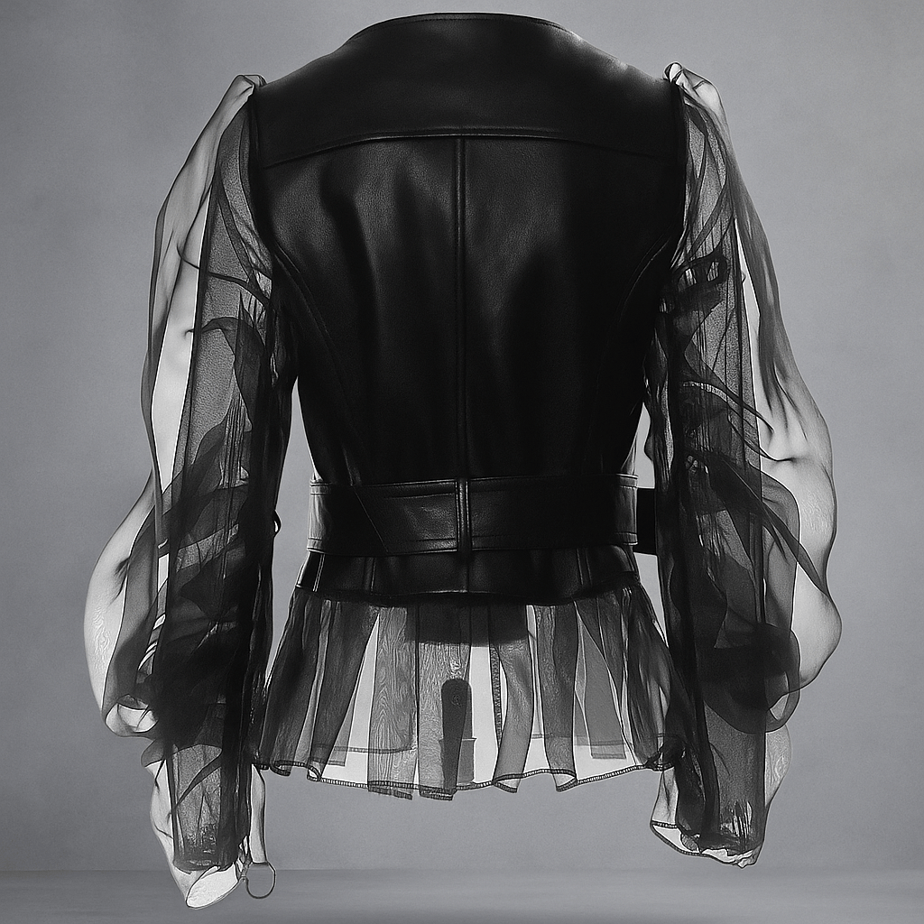 Women's Jacket Faux Leather - Sheer Ruched Sleeves - Belt - Zip Fastening