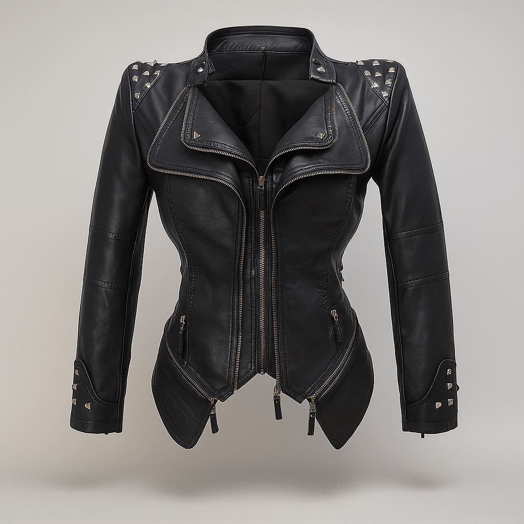Women's Leather Jacket - Fitted Biker - Studded Collar - Zip Cuffs