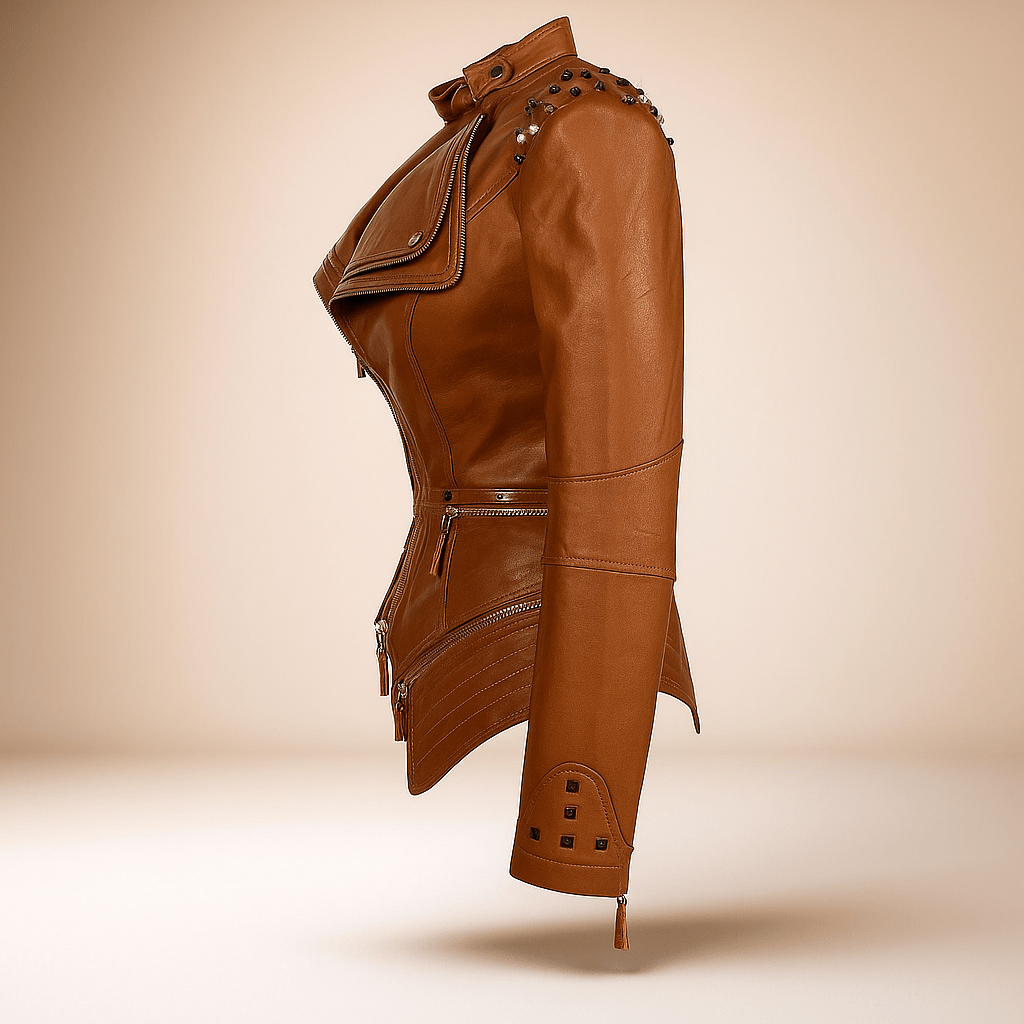 Women's Leather Jacket - Fitted Biker - Studded Collar - Zip Cuffs