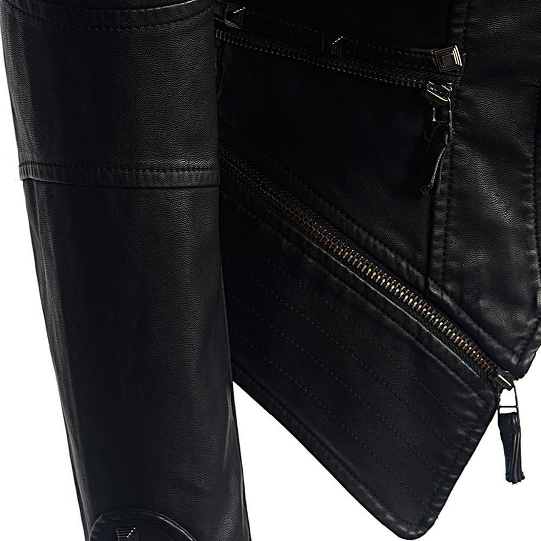 Women's Leather Jacket - Fitted Biker - Studded Collar - Zip Cuffs