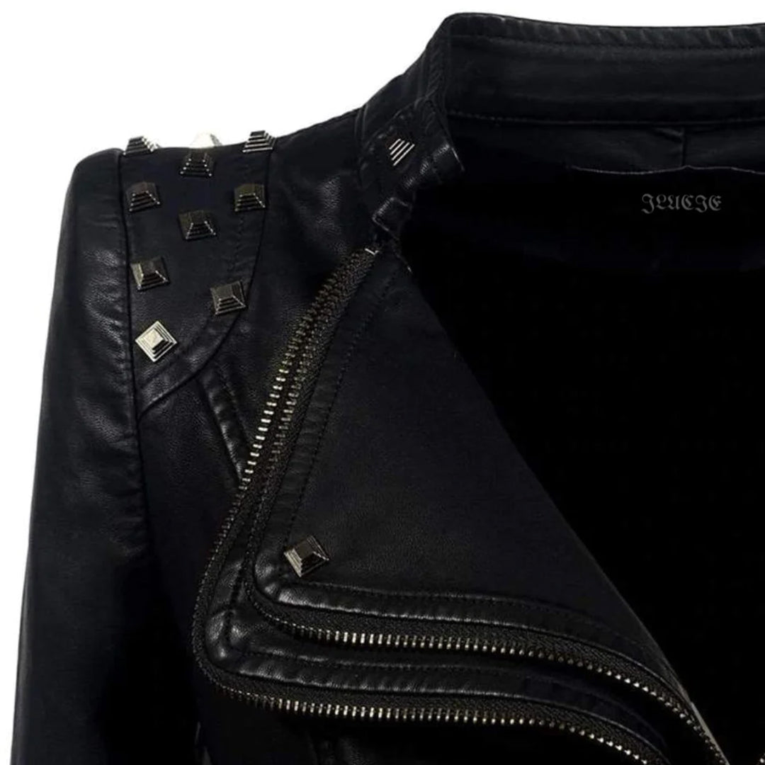 Women's Leather Jacket - Fitted Biker - Studded Collar - Zip Cuffs