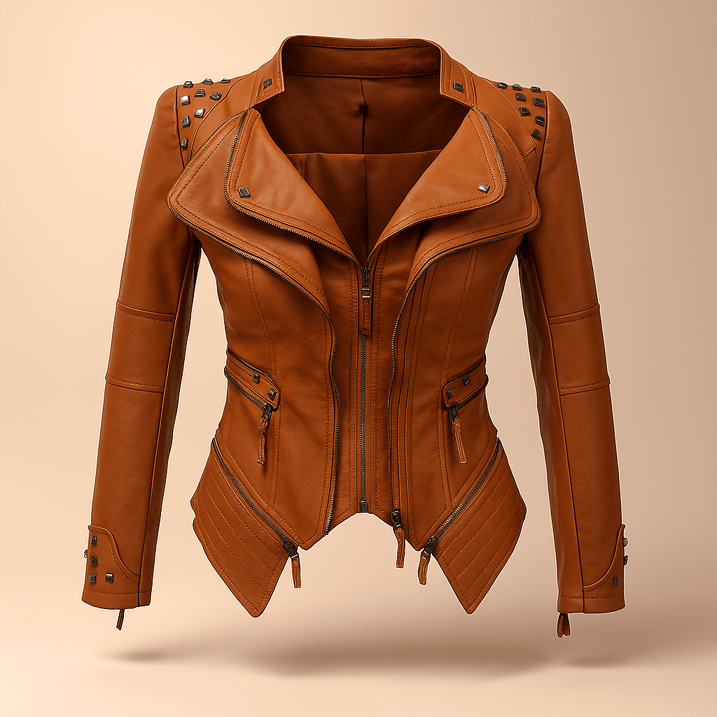 Women's Leather Jacket - Fitted Biker - Studded Collar - Zip Cuffs