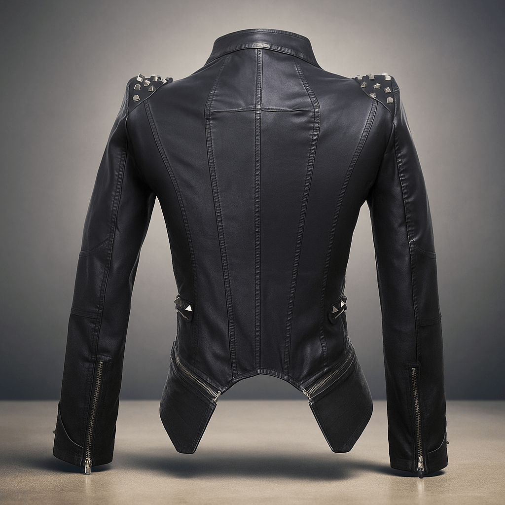 Women's Leather Jacket - Fitted Biker - Studded Collar - Zip Cuffs