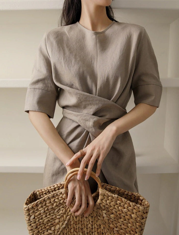 Khaki Linen Midi Dress - Minimalist Evening Party Dress