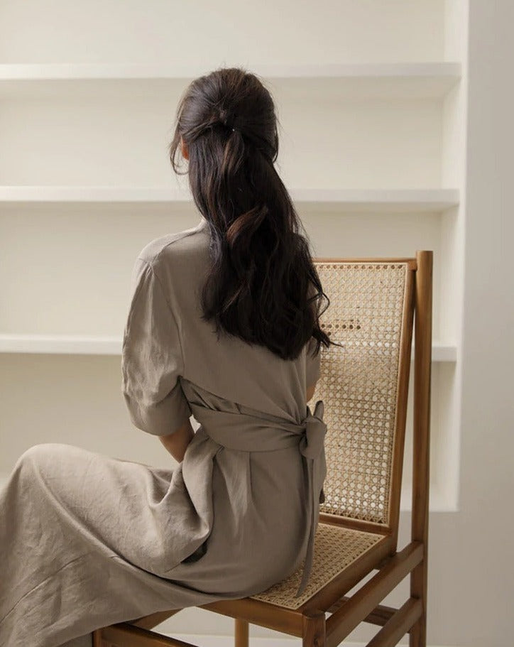 Khaki Linen Midi Dress - Minimalist Evening Party Dress