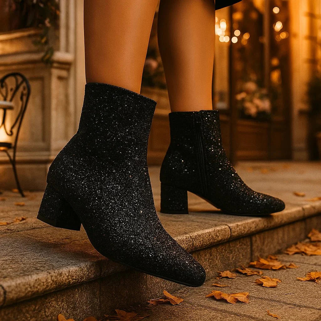 Luna Glitter Ankle Boots - Sparkle Block Heel