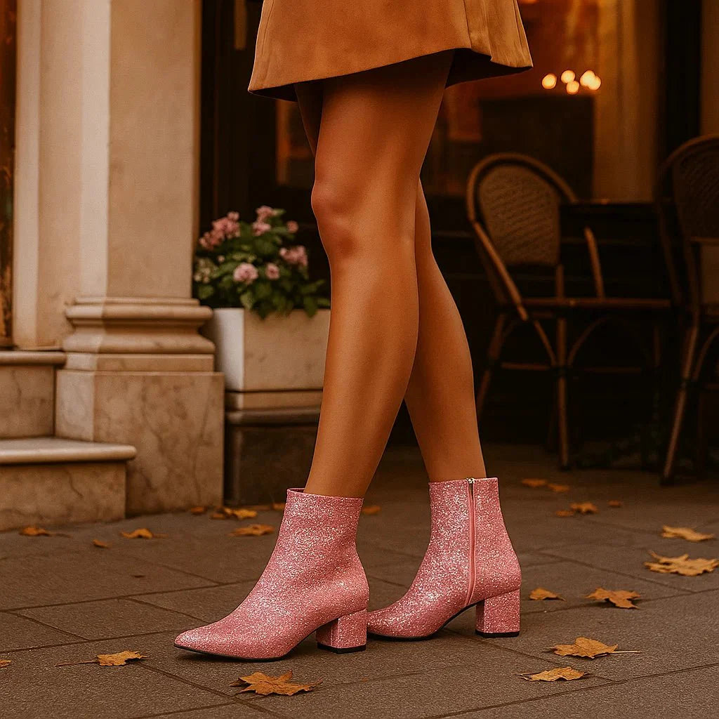 Luna Glitter Ankle Boots - Sparkle Block Heel
