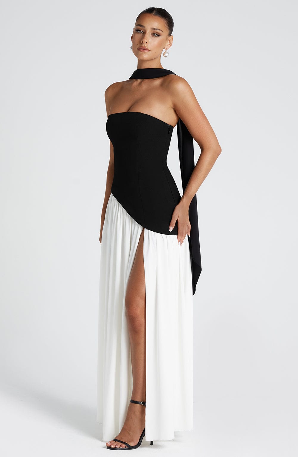 Strapless Maxi Evening Dress - Asymmetrical Waist
