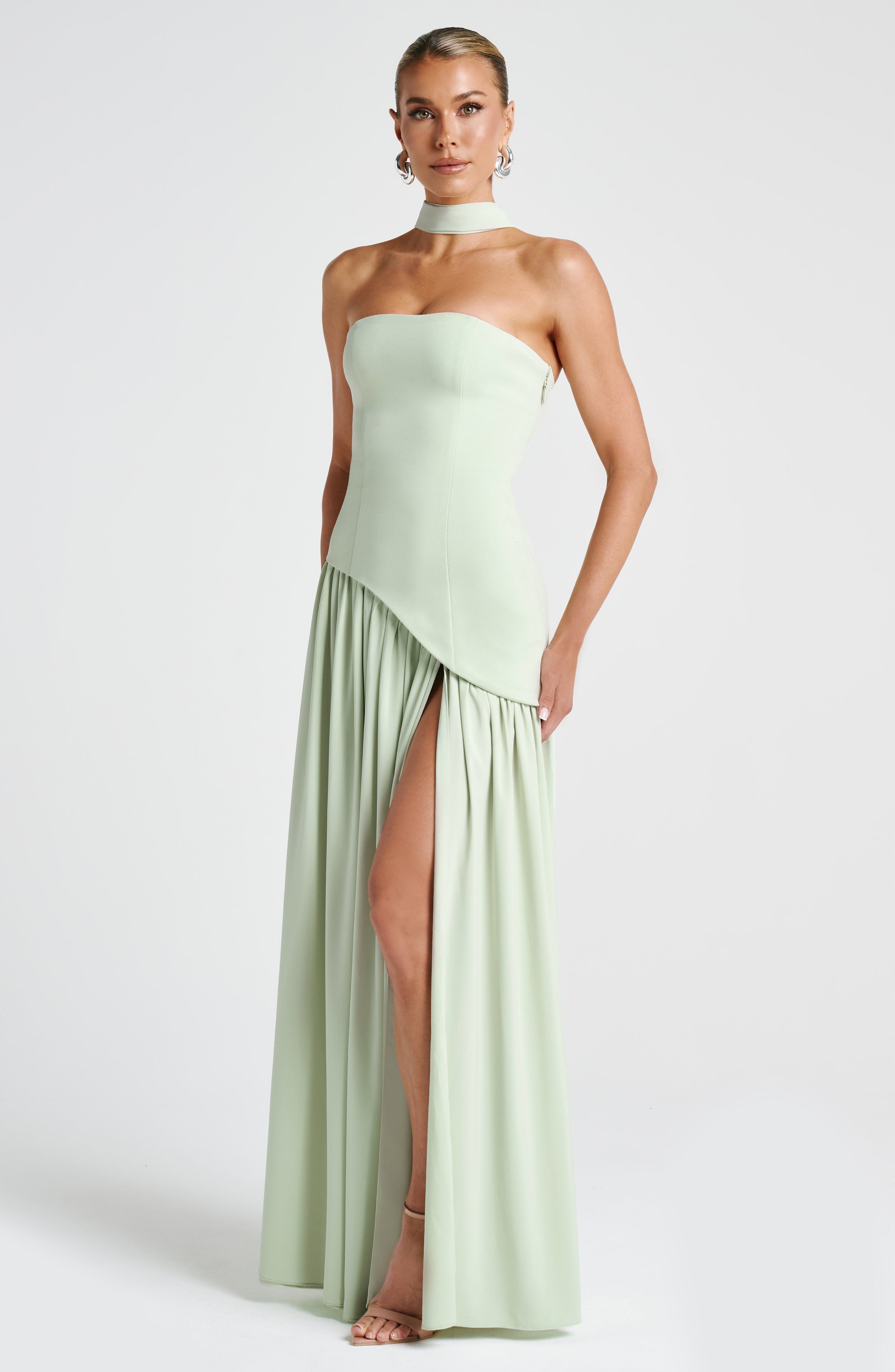 Strapless Maxi Evening Dress - Asymmetrical Waist