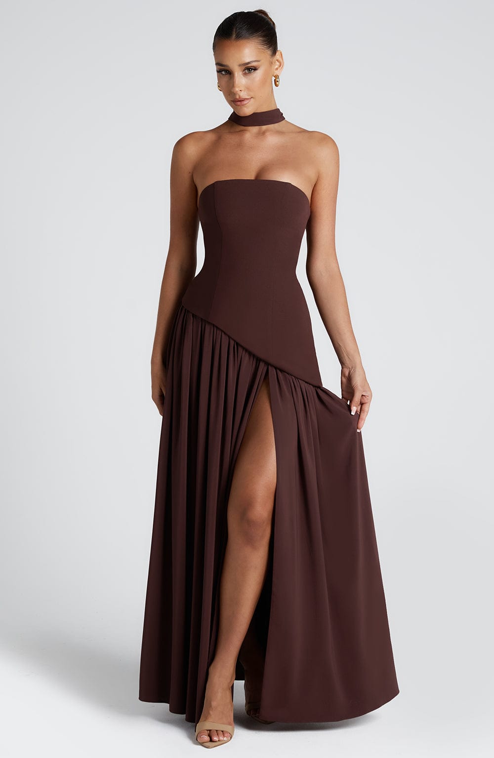 Strapless Maxi Evening Dress - Asymmetrical Waist