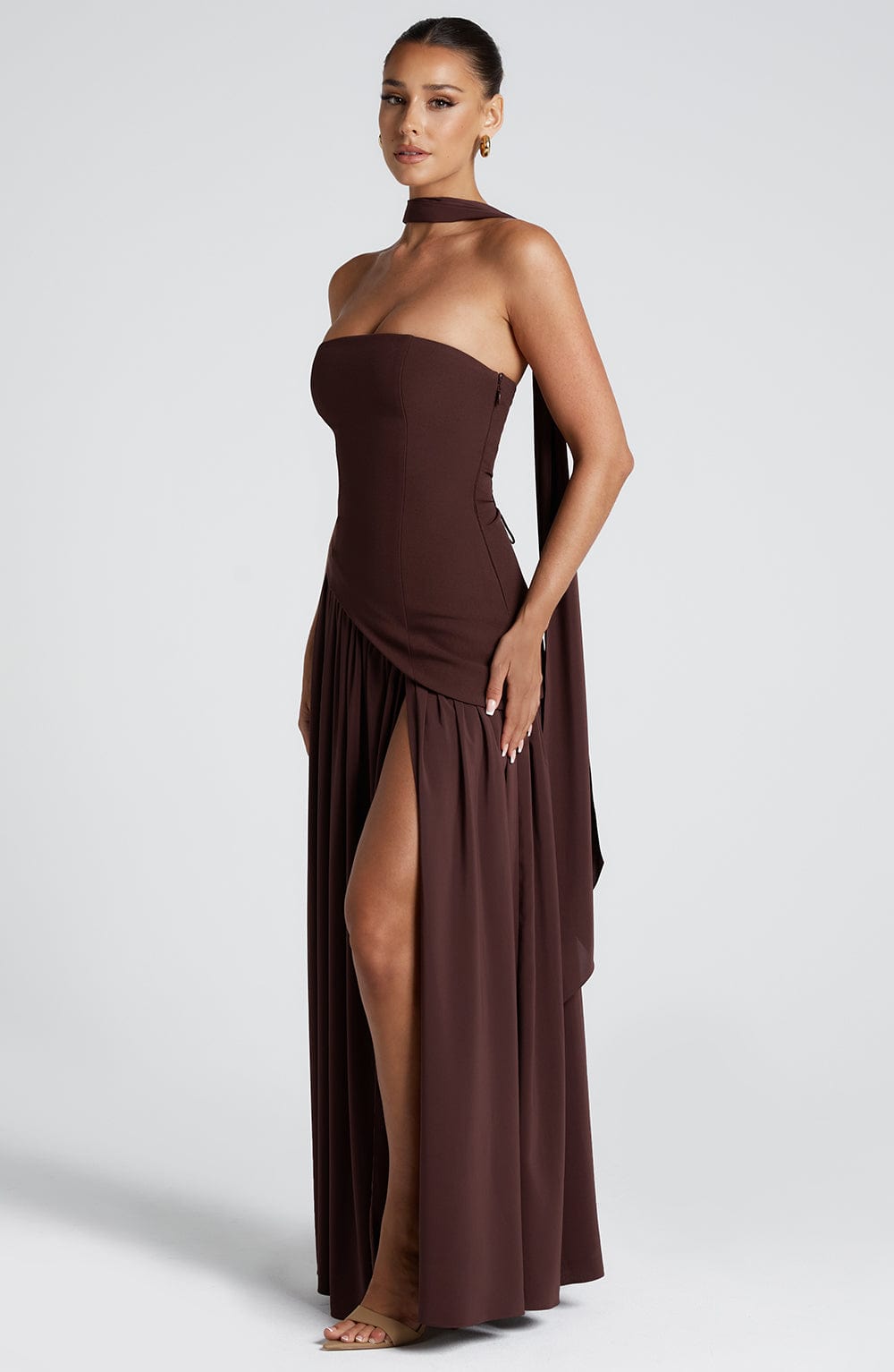 Strapless Maxi Evening Dress - Asymmetrical Waist