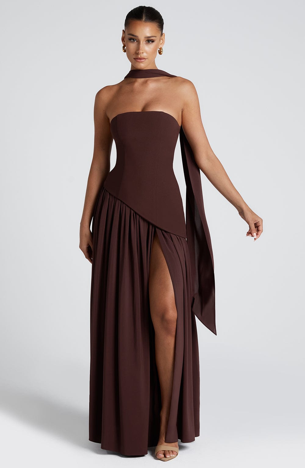 Strapless Maxi Evening Dress - Asymmetrical Waist
